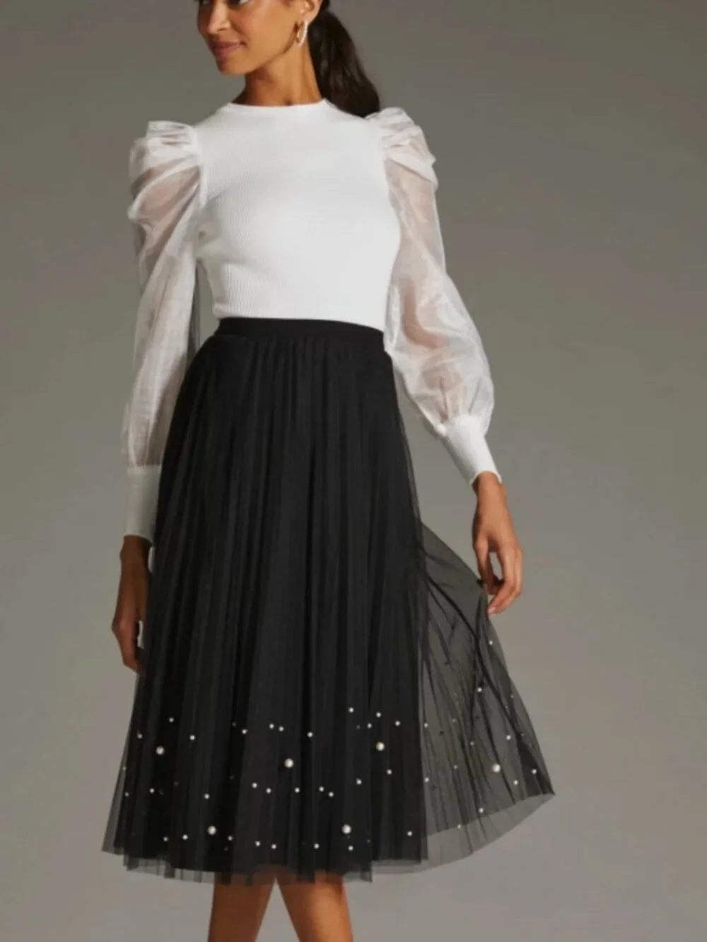 NWT Anthropologie Dolan Left Coast White Ribbed Puff Sheer Organza Sleeve Top‎